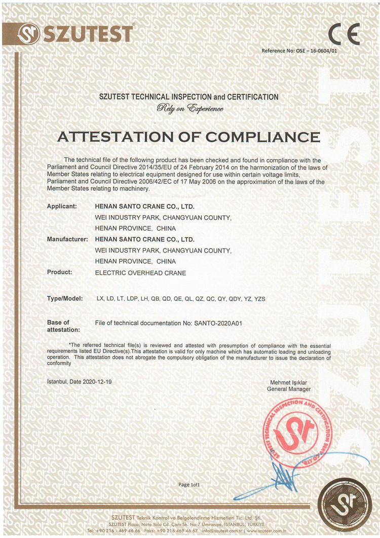 China HENAN SANTO CRANE CO.,LTD Certification